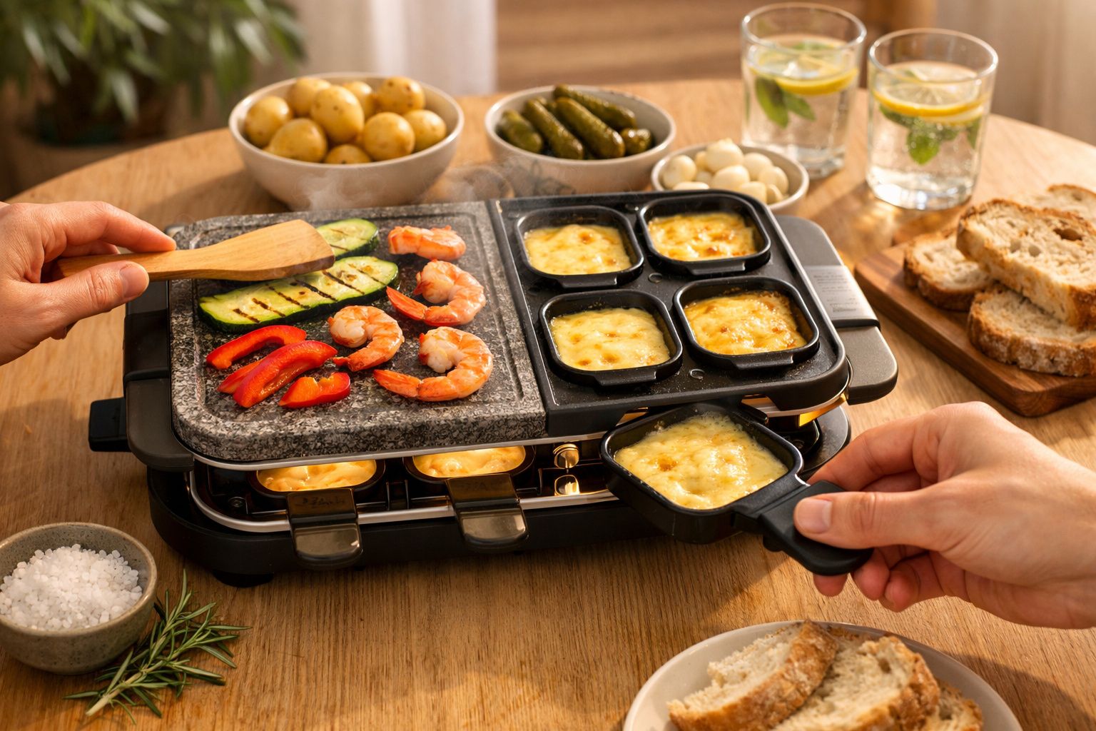 Grelhador de mesa com legumes, camarões e queijo a derreter. Mãos a cozinhar; pão, batatas e bebidas ao fundo.