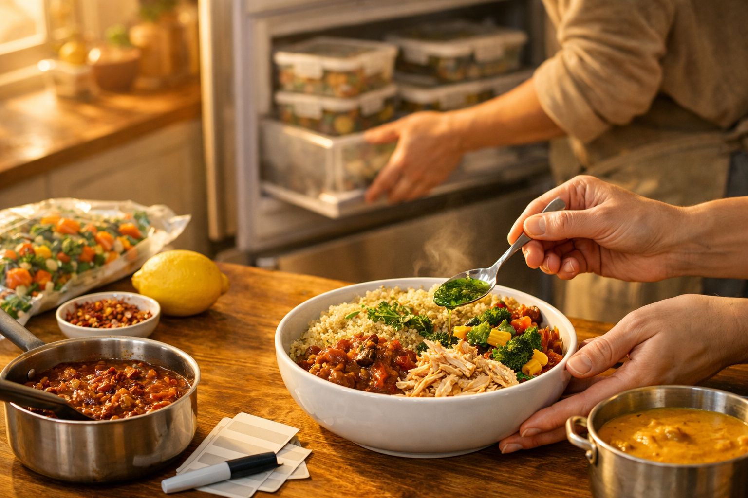 Mão a servir legumes numa taça de comida saudável, com ingredientes frescos e uma pessoa ao fundo a abrir o frigorífico.