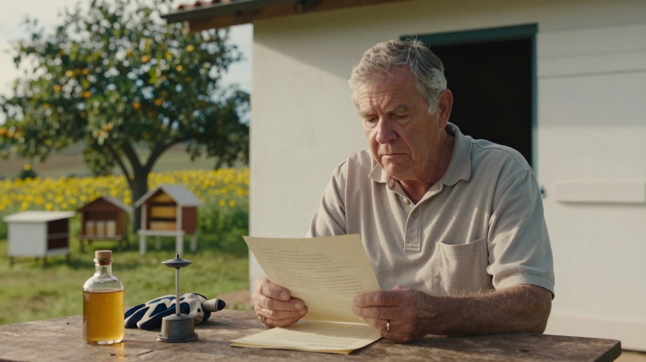 Idoso sentado ao ar livre, lendo uma carta. Há uma árvore e colmeias ao fundo. Garrafa de vidro na mesa.