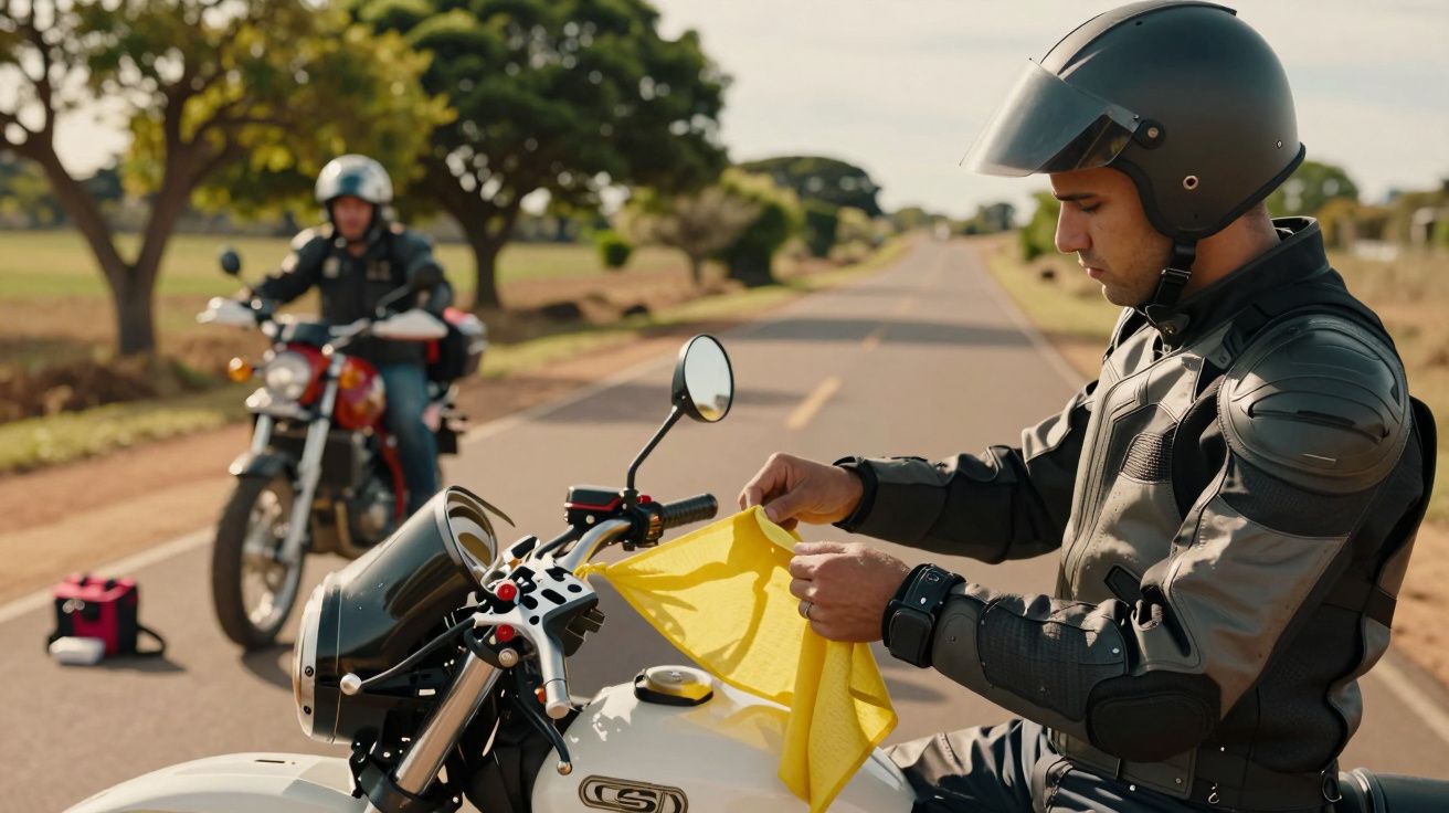 Dois motociclistas numa estrada rural, um limpa a moto com um pano amarelo enquanto o outro observa ao longe.