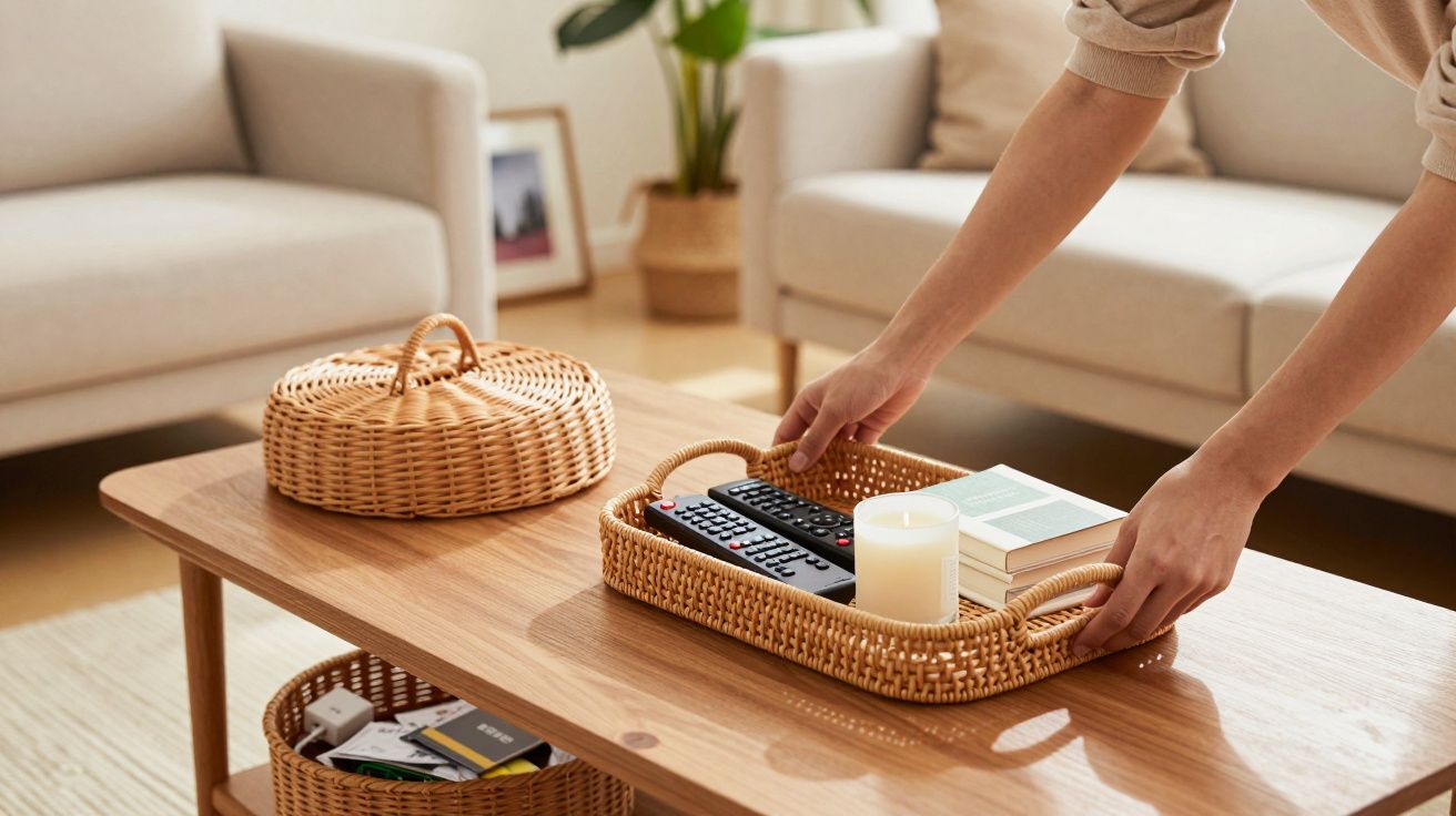 Pessoa arrumando tabuleiro de vime com comandos, vela e livro em mesa de madeira numa sala de estar aconchegante.