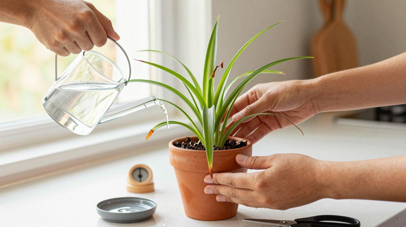 Pessoa rega planta em vaso de barro com regador transparente, outra mão segura o vaso.
