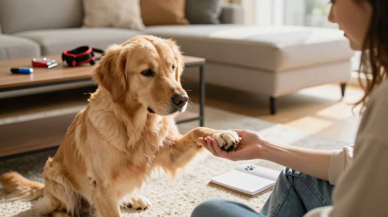 Mulher dá a mão a um cão Golden Retriever numa sala de estar aconchegante.