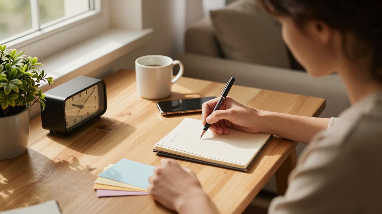 Pessoa escreve num caderno numa mesa com relógio, chávena, smartphone e notas coloridas.