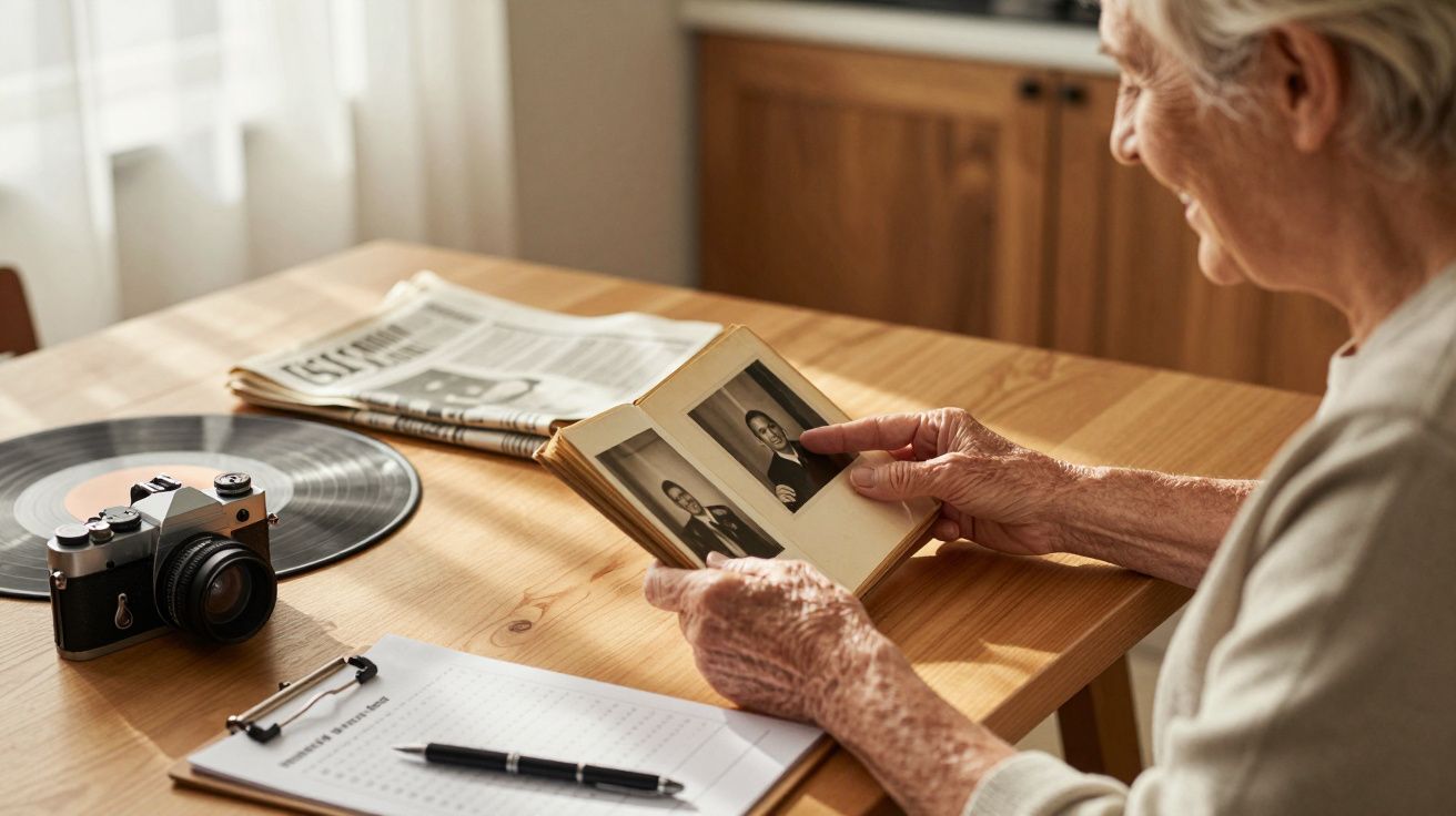 Pessoa idosa folheia álbum de fotos antigas numa mesa com uma câmara, jornal, disco de vinil e bloco de notas.