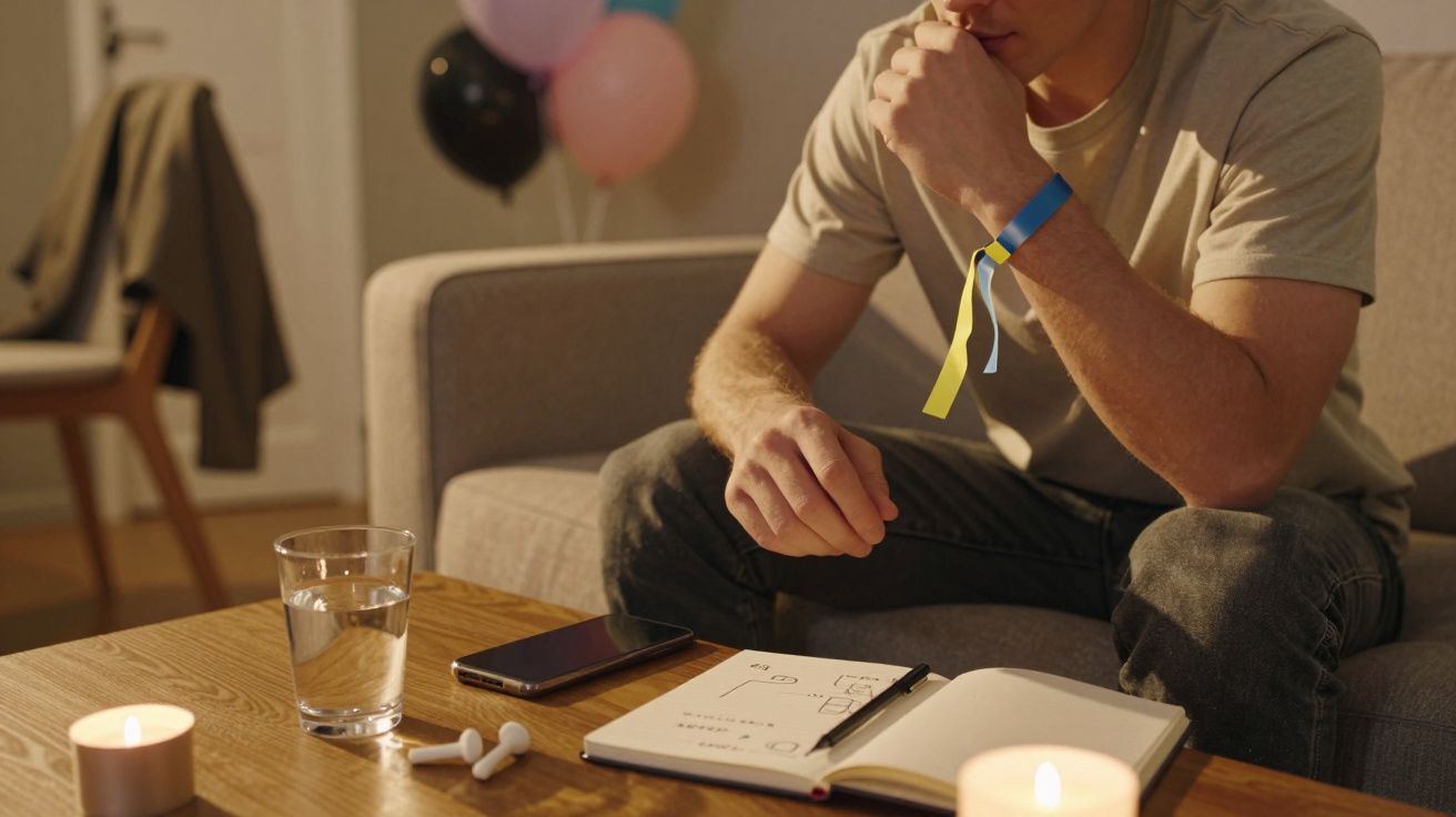 Homem sentado no sofá, olhando para um caderno aberto sobre a mesa, com um copo de água e velas acesas ao lado.