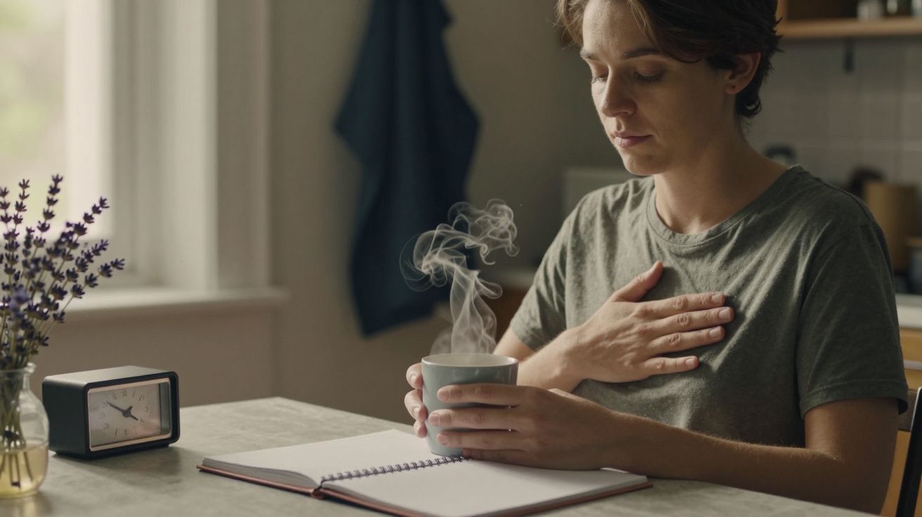 Pessoa meditando com chá fumegante, mão no peito, ao lado de caderno e relógio numa mesa com lavanda.