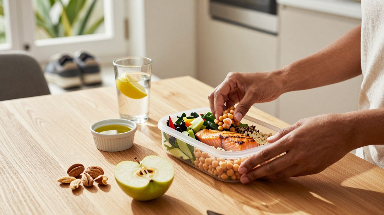 Mão arranja salada de grão e legumes numa caixa. Ao lado, copo de água com limão, chávena e maçã com nozes.