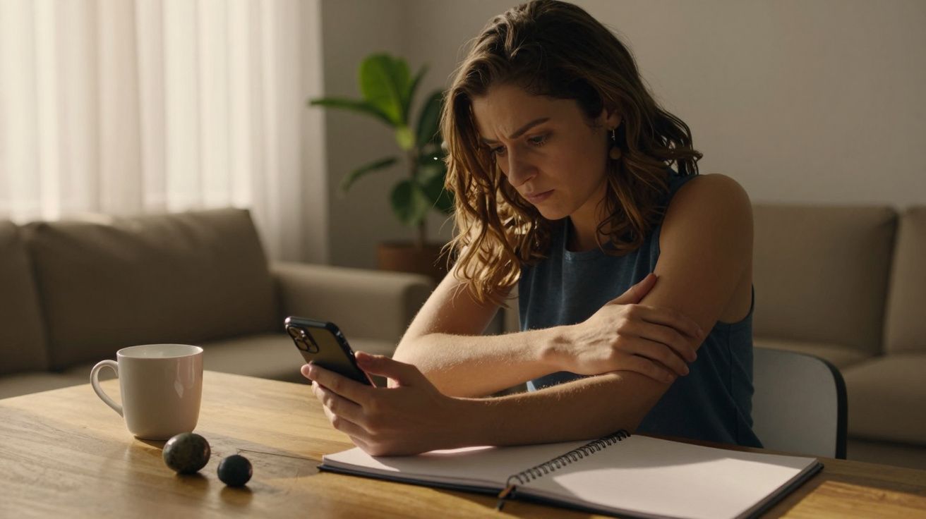 Mulher sentada à mesa, olhando para o telemóvel, com expressão preocupada, caderno aberto à frente.