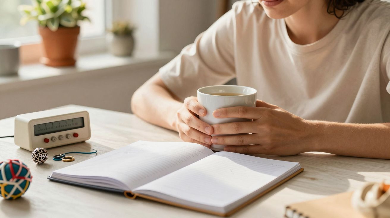 Pessoa segura chávenas de café à mesa com caderno aberto, despertador e plantas ao fundo.