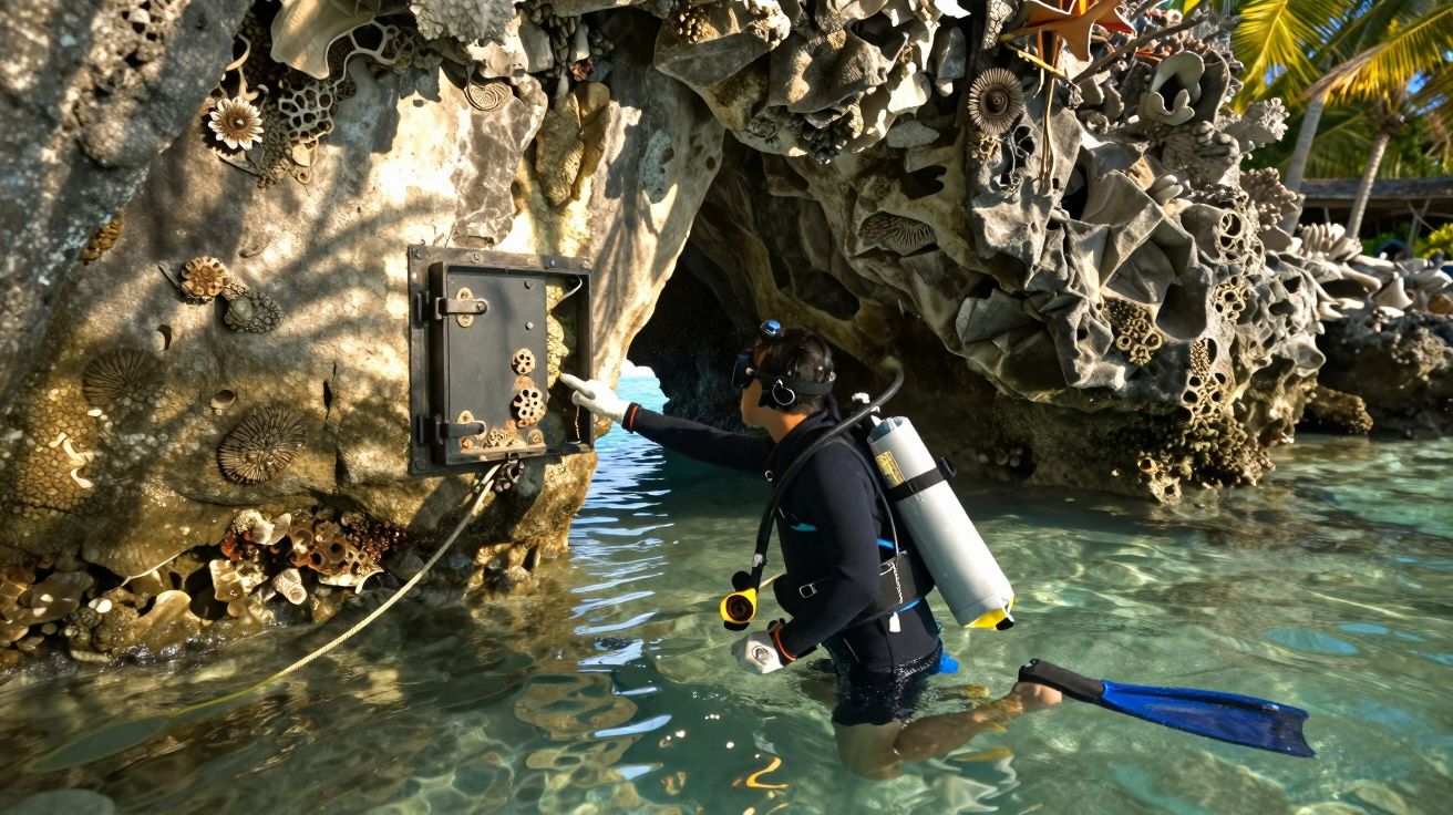 Mergulhador abre uma porta de cofre subaquática numa estrutura rochosa coberta de corais em águas cristalinas.