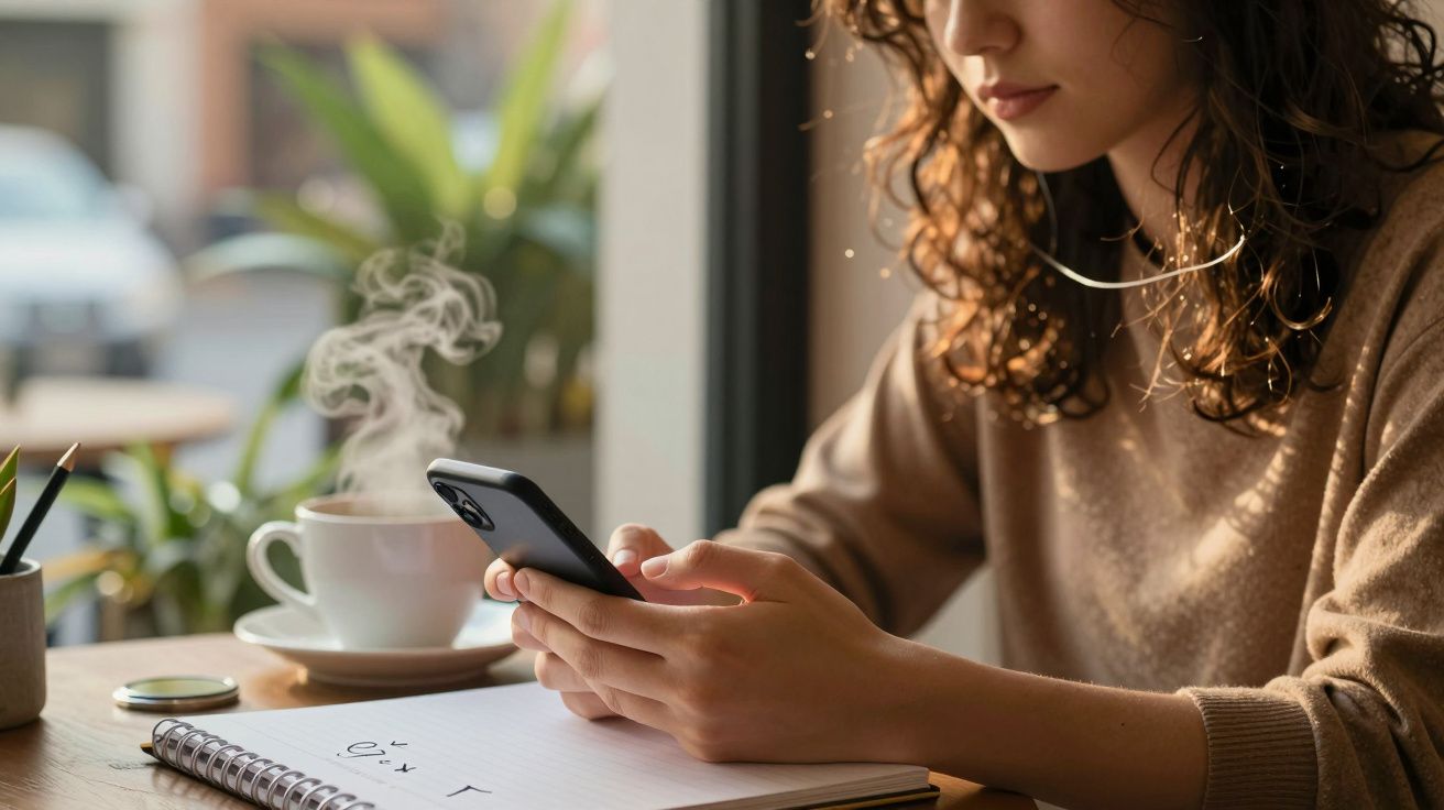 Mulher usa smartphone numa mesa de café, com caderno aberto e chá fumegante ao lado.