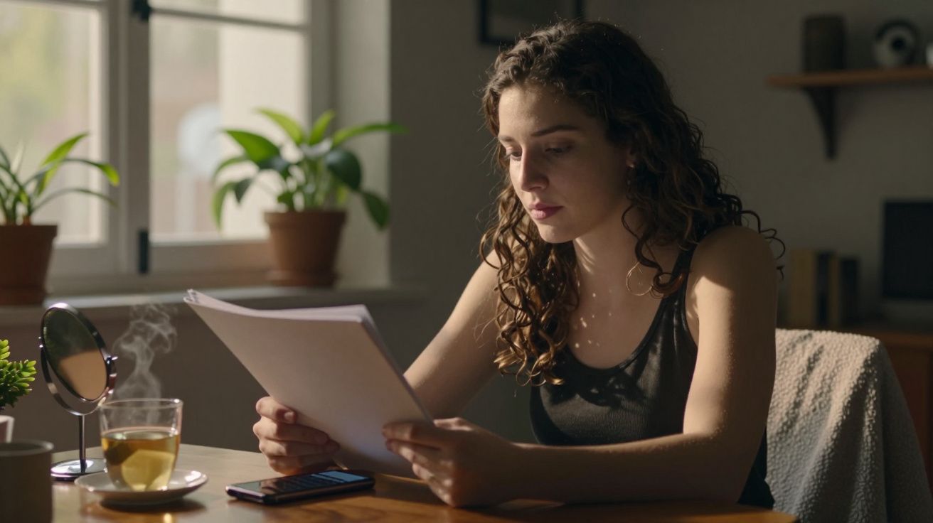 Mulher concentrada a ler documentos numa mesa, com chá e plantas ao fundo.