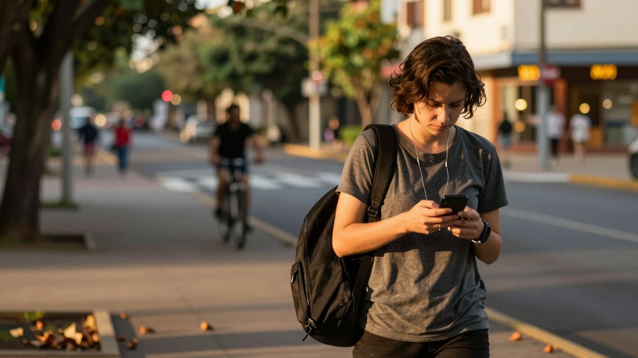 Jovem com mochila caminha na rua enquanto olha para o telemóvel, com pessoas e árvores ao fundo.