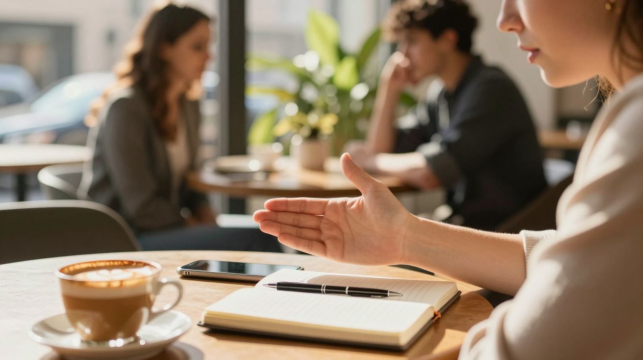 Mão gesticulando sobre mesa com caderno, café e telemóvel, pessoas ao fundo em café iluminado.