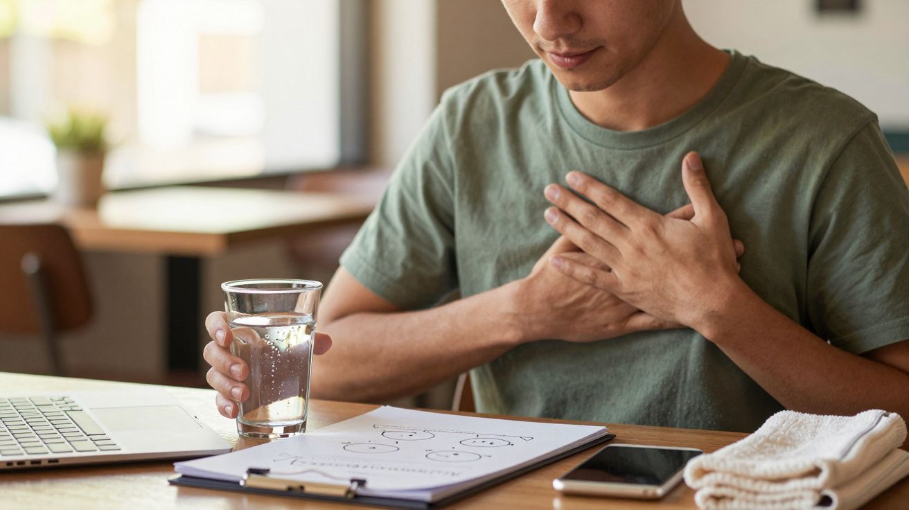 Homem com a mão no peito e um copo de água na outra mão, sentado à mesa com um portátil e documentos.