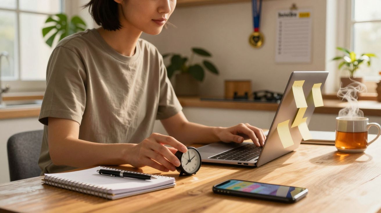 Mulher em casa, usando laptop com notas adesivas, segurando relógio, chá ao lado e bloco de notas na mesa.