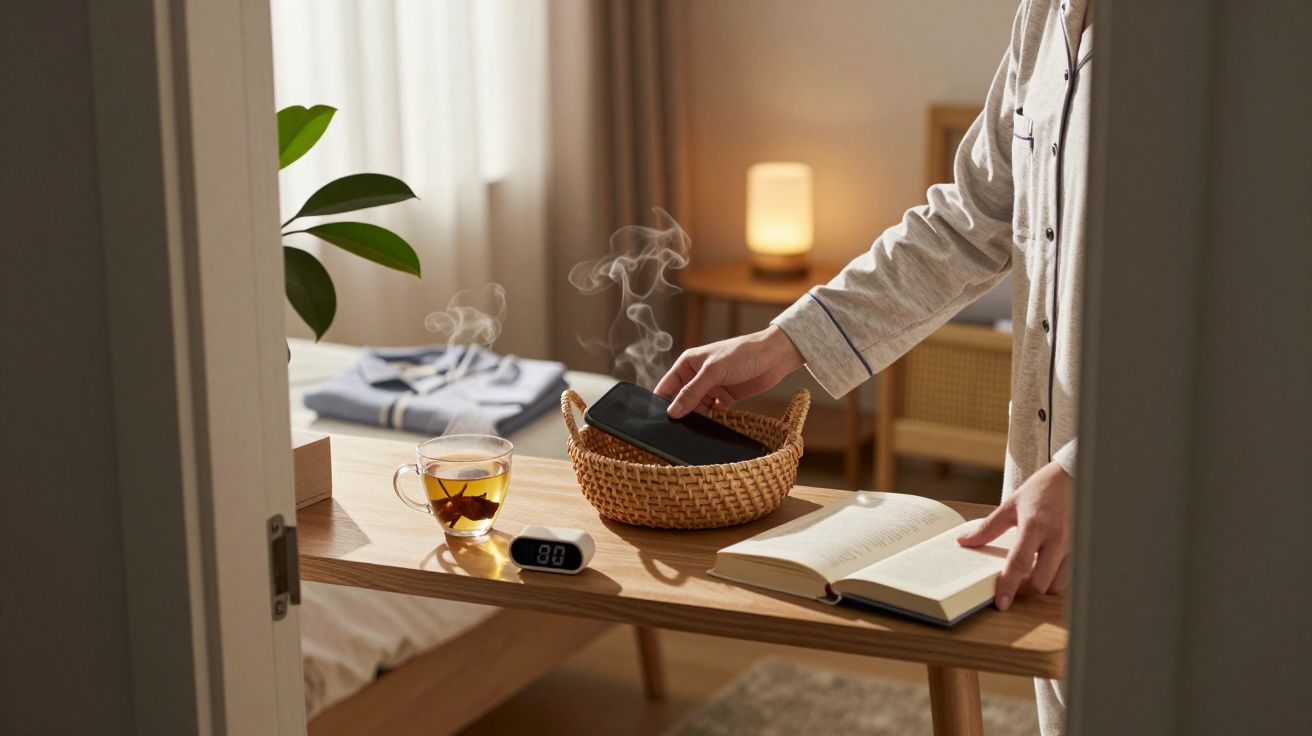 Pessoa de pijama coloca smartphone num cesto sobre mesa com chá, livro aberto e relógio digital.