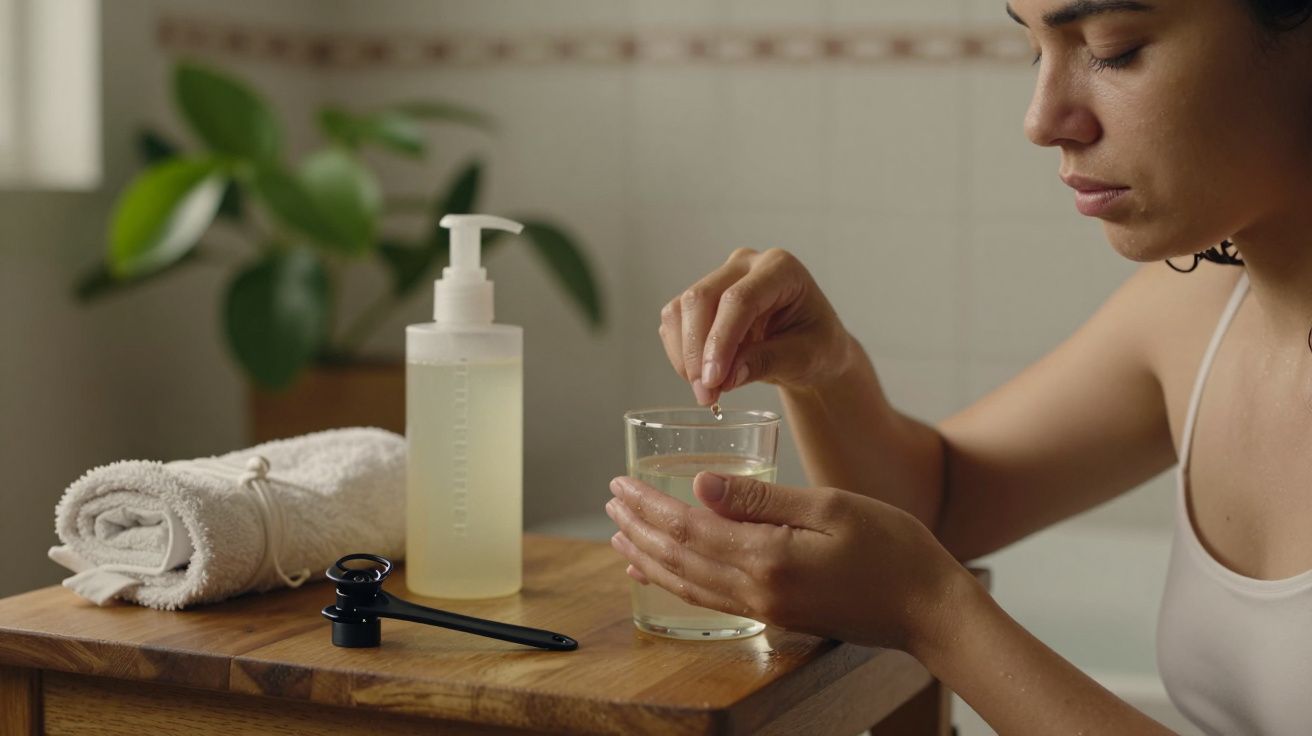 Mulher mexe líquido num copo ao lado de toalha, frasco com bomba e planta em fundo de casa de banho.
