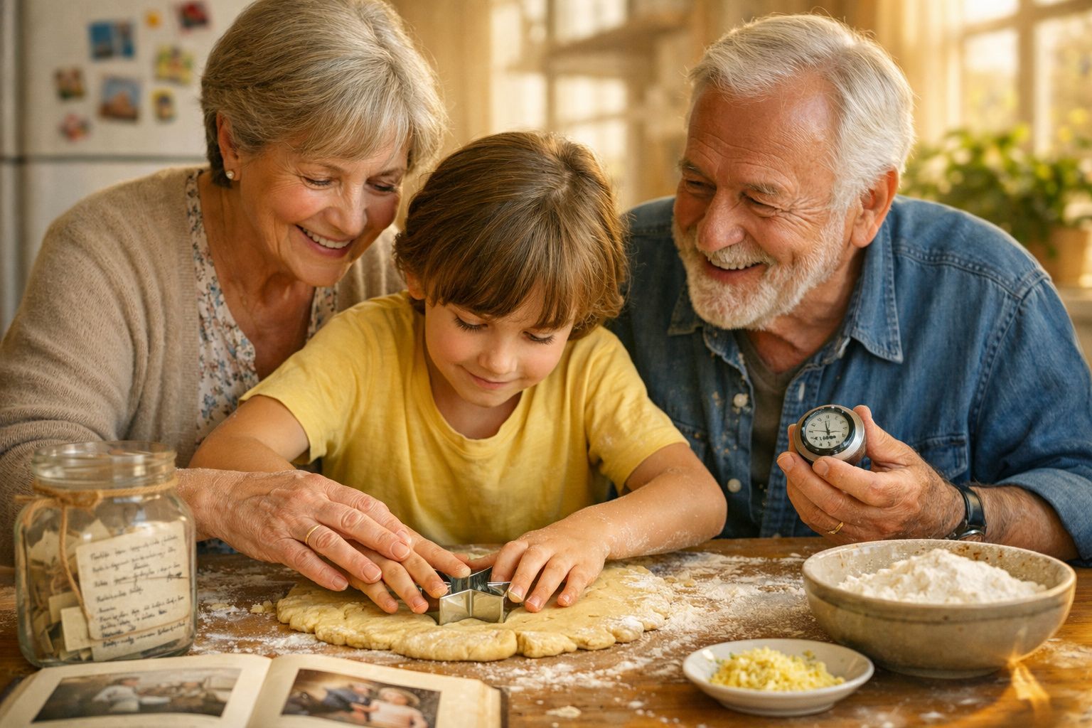 Avós e neto sorrindo enquanto fazem biscoitos juntos na cozinha.