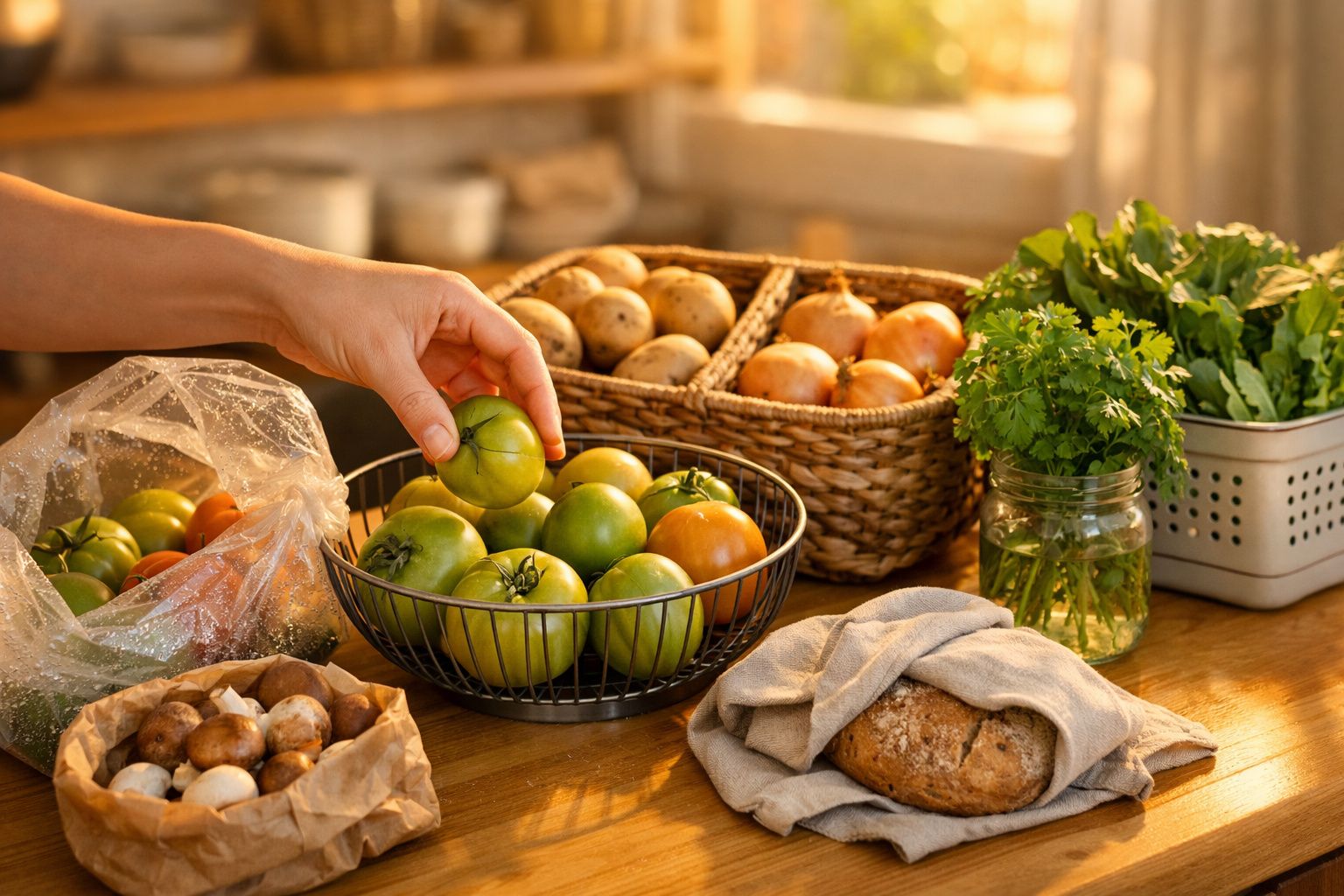 Mão a pegar num tomate em mesa com legumes, batatas, cogumelos, ervas em frasco e pão rústico iluminados por luz natural.