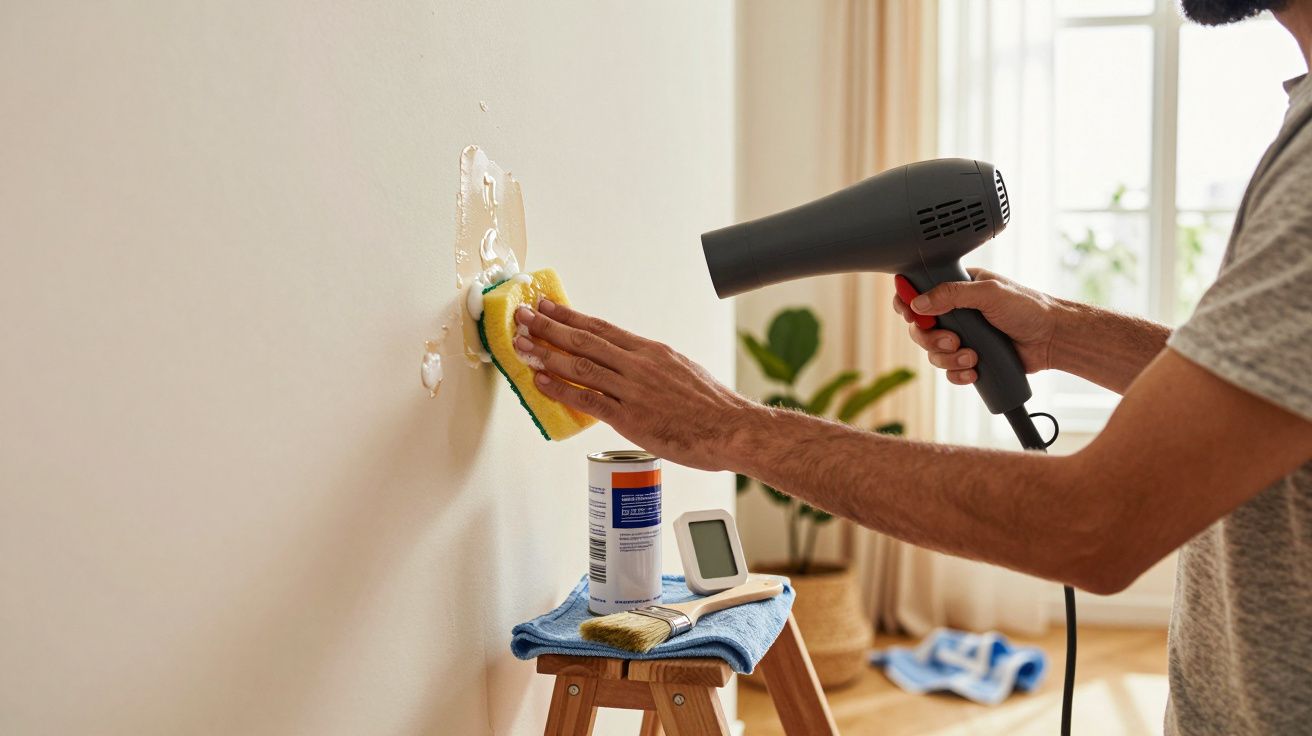 Pessoa usa um secador de cabelo e esponja para secar massa na parede. Ferramentas sobre escadote ao lado.