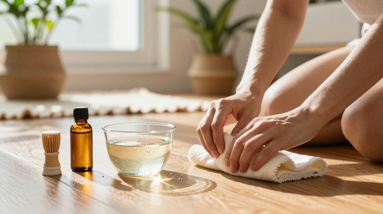 Pessoa limpa o chão com pano, vasilha de água e frascos, com plantas ao fundo.