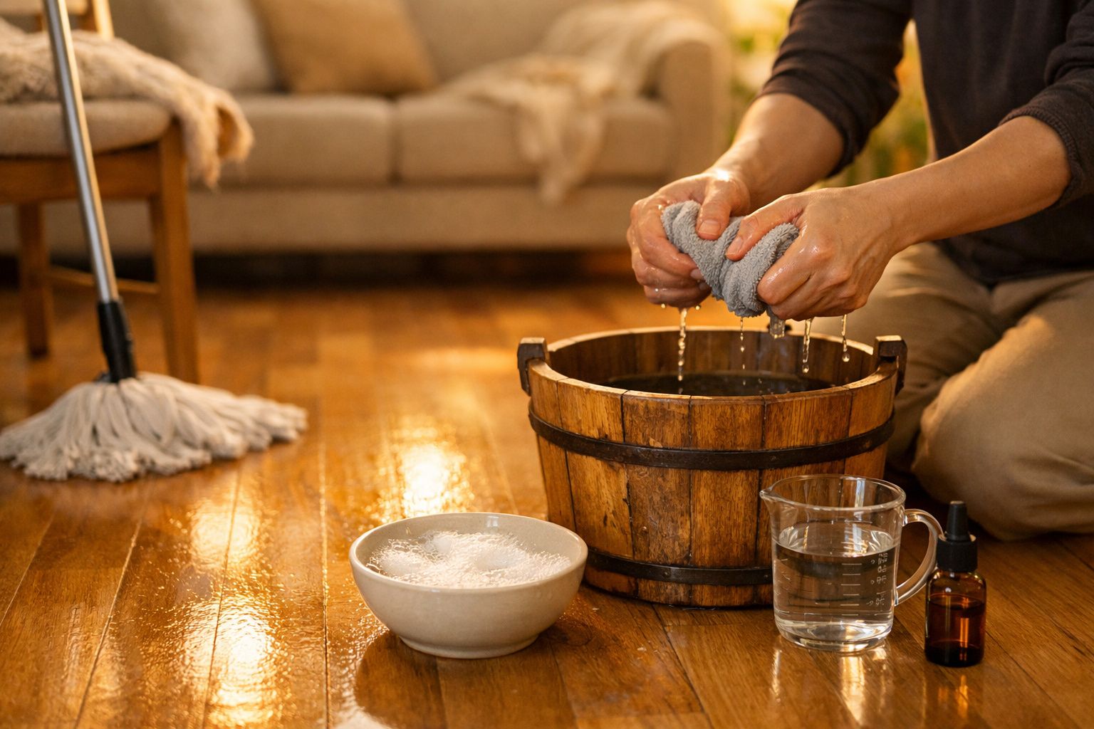 Pessoa torce pano sobre balde de madeira, com tigela de espuma e copo de água ao lado, chão de madeira.