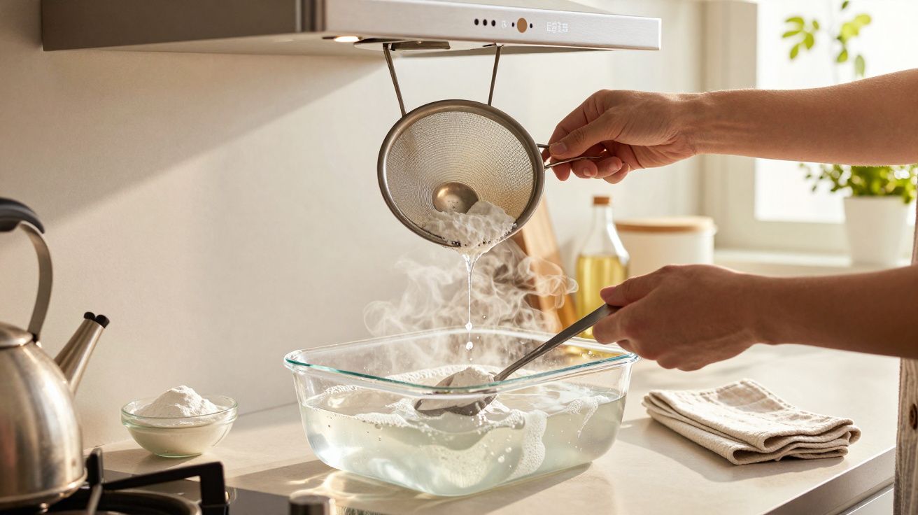 Pessoa coando macarrão numa cozinha iluminada. Recipiente de vidro com vapor. Toalha e ingredientes ao fundo.