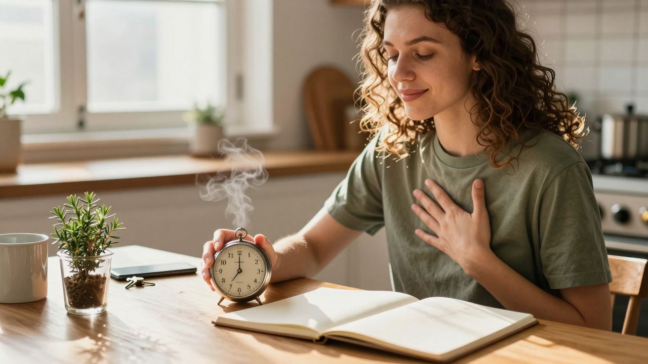 Mulher sentada à mesa, com mão no peito e segurando um relógio, caderno aberto e planta ao lado.