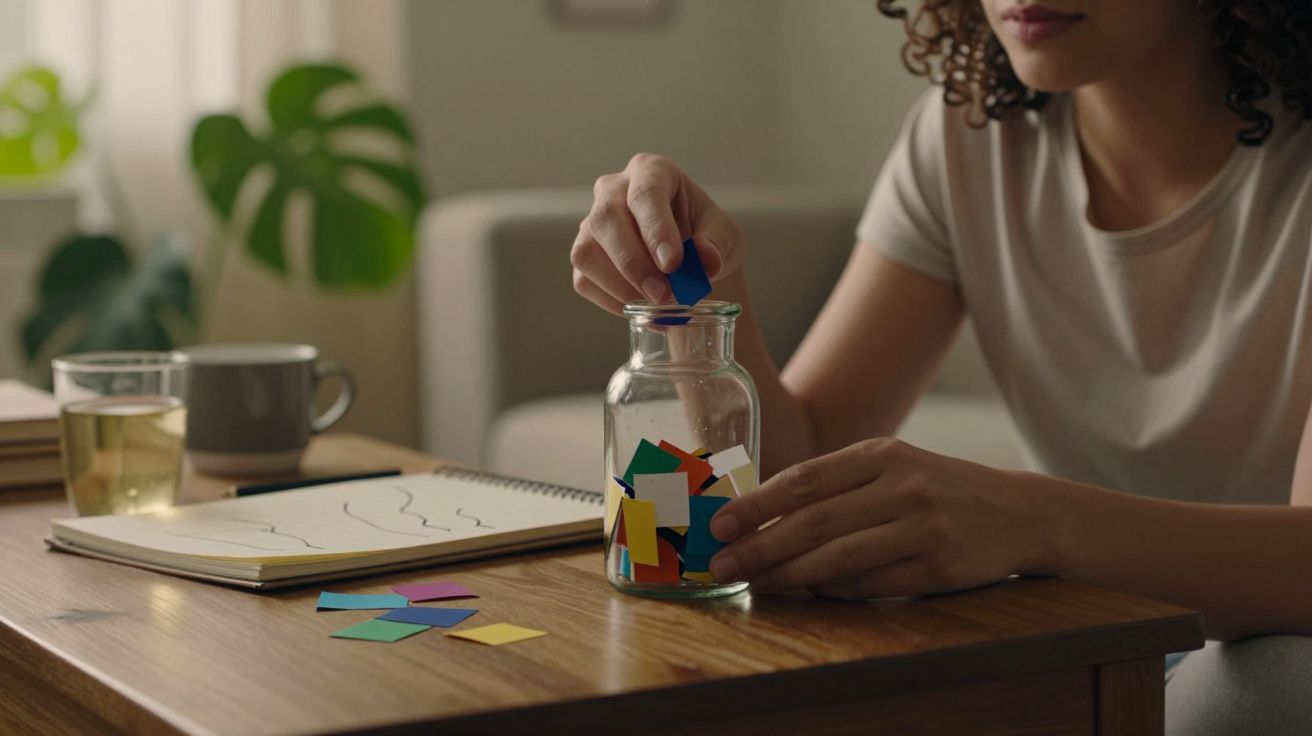 Pessoa coloca papéis coloridos num frasco de vidro sobre a mesa, ao lado de chá e caderno.