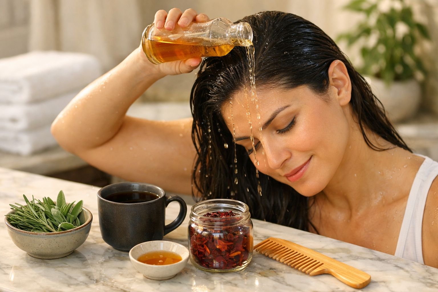 Mulher de costas aplica óleo no cabelo, rodeada por infusor, tigela de flores e frascos de óleo em ambiente relaxante.