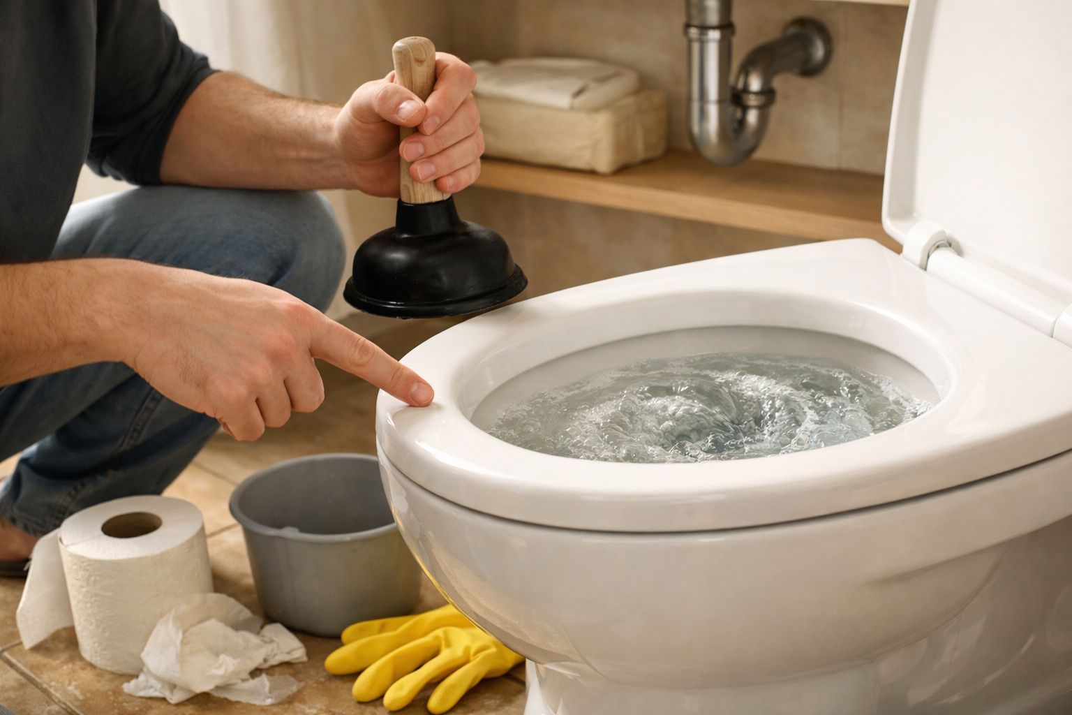 Pessoa usando desentupidor em sanita entupida com água a girar. Papel higiénico e balde ao lado.