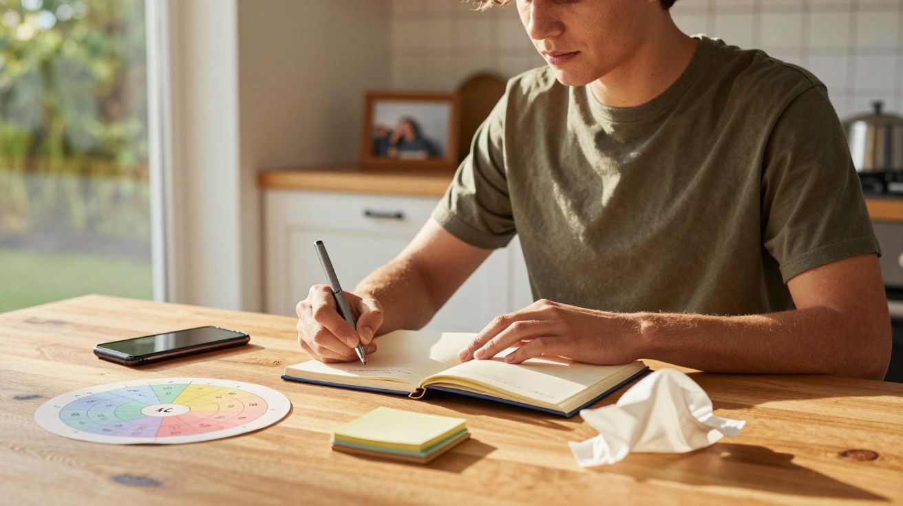 Homem a escrever num caderno na mesa, rodeado de telemóvel, círculo de papel, bloco de notas e papéis amassados.