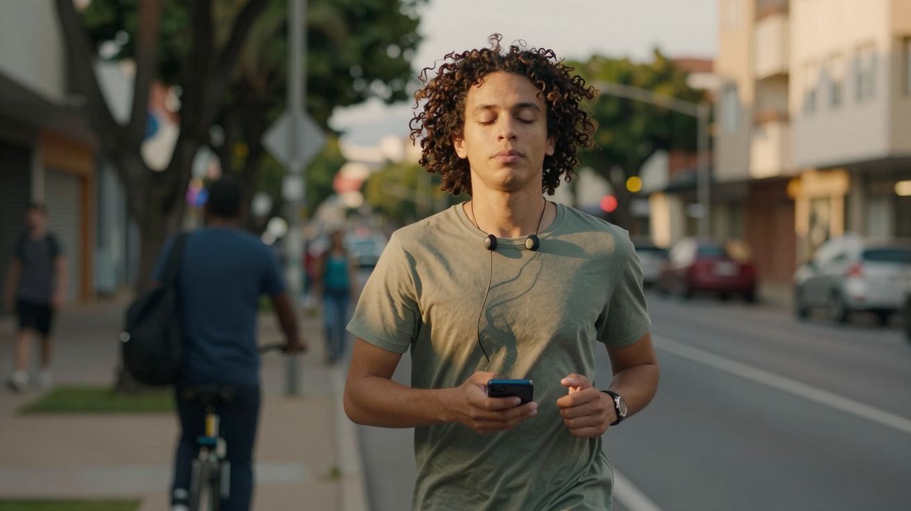 Jovem a correr numa rua urbana, segurando um telemóvel e usando auscultadores.