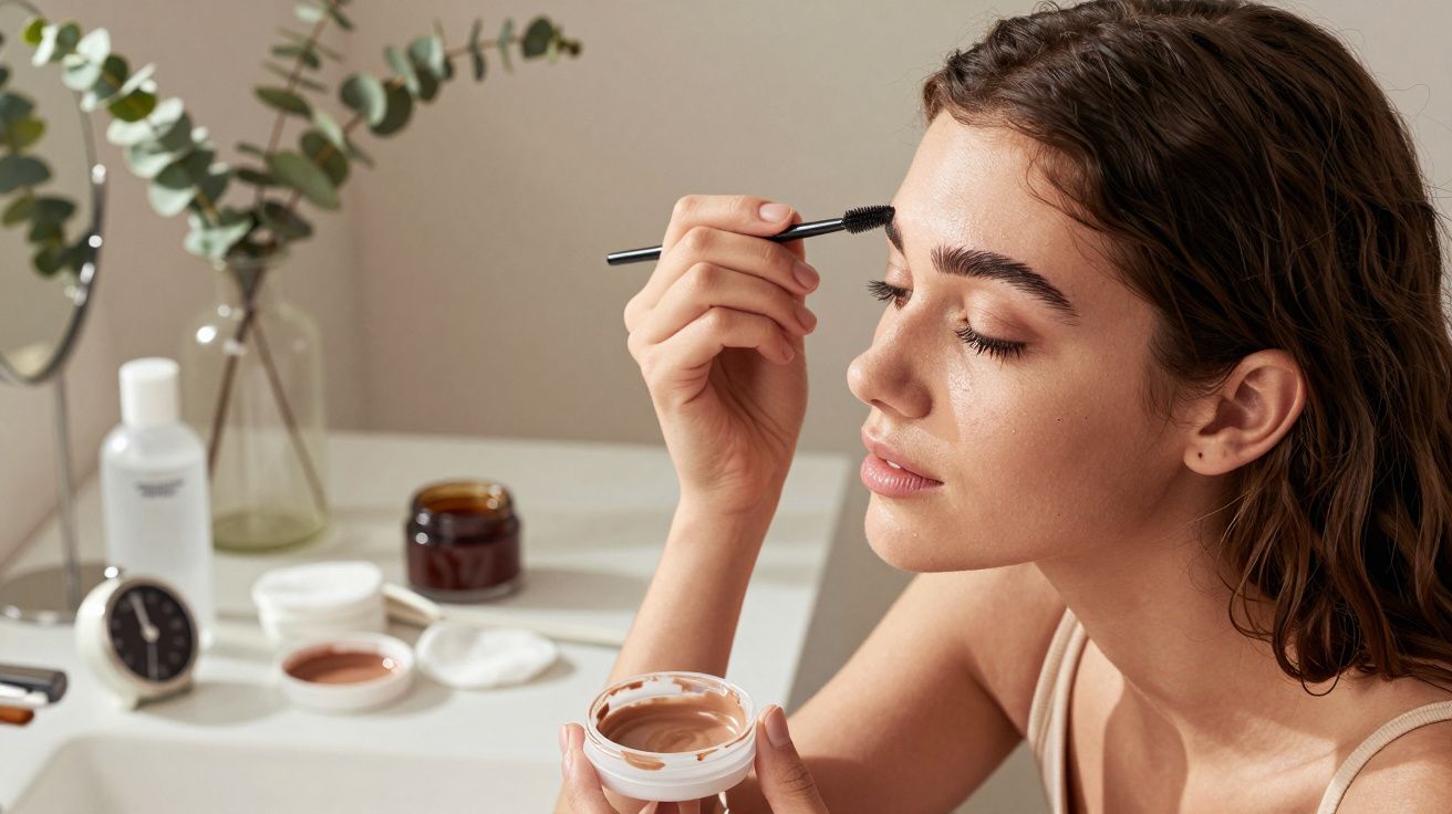 Mulher a aplicar maquilhagem nas sobrancelhas em frente a um lavatório, com produtos de beleza na bancada.