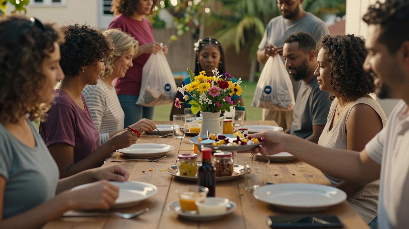 Grupo de pessoas a jantar ao ar livre, com uma mesa decorada com flores e pratos variados.