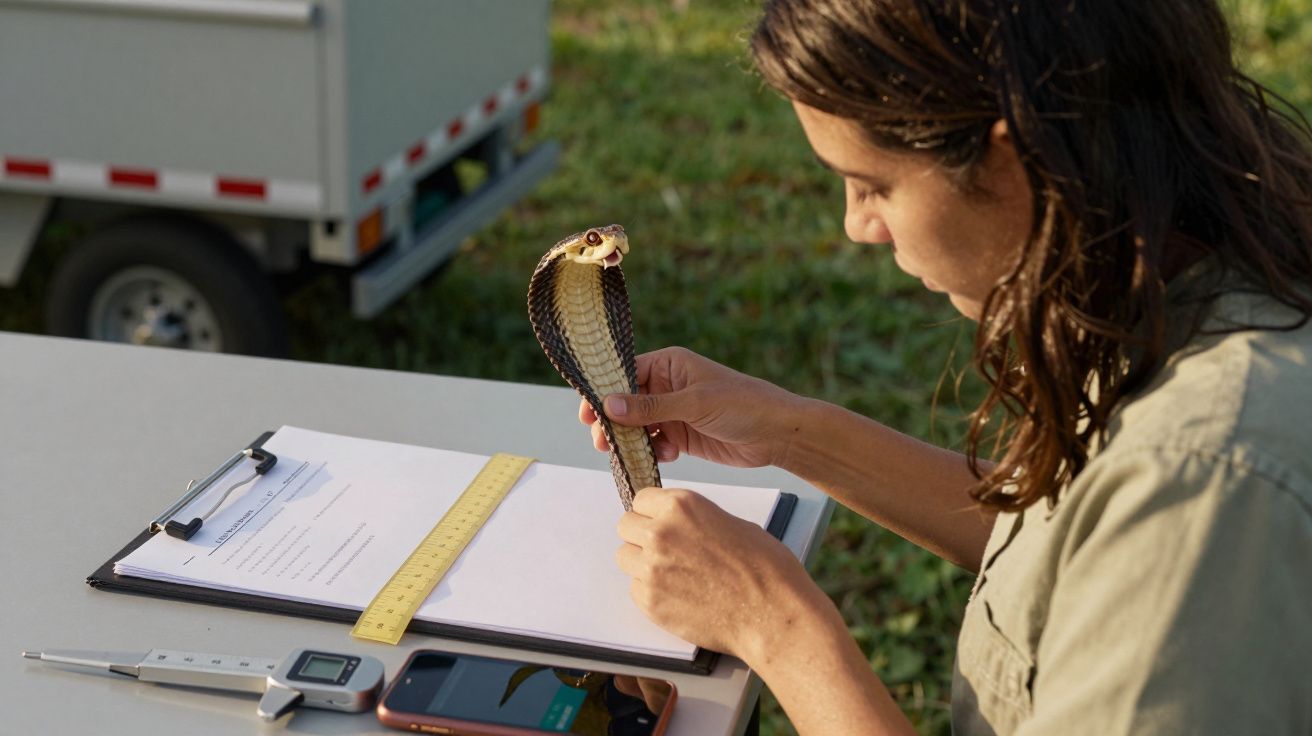Mulher segura cobra na mão junto a mesa com régua, prancheta e telefone.
