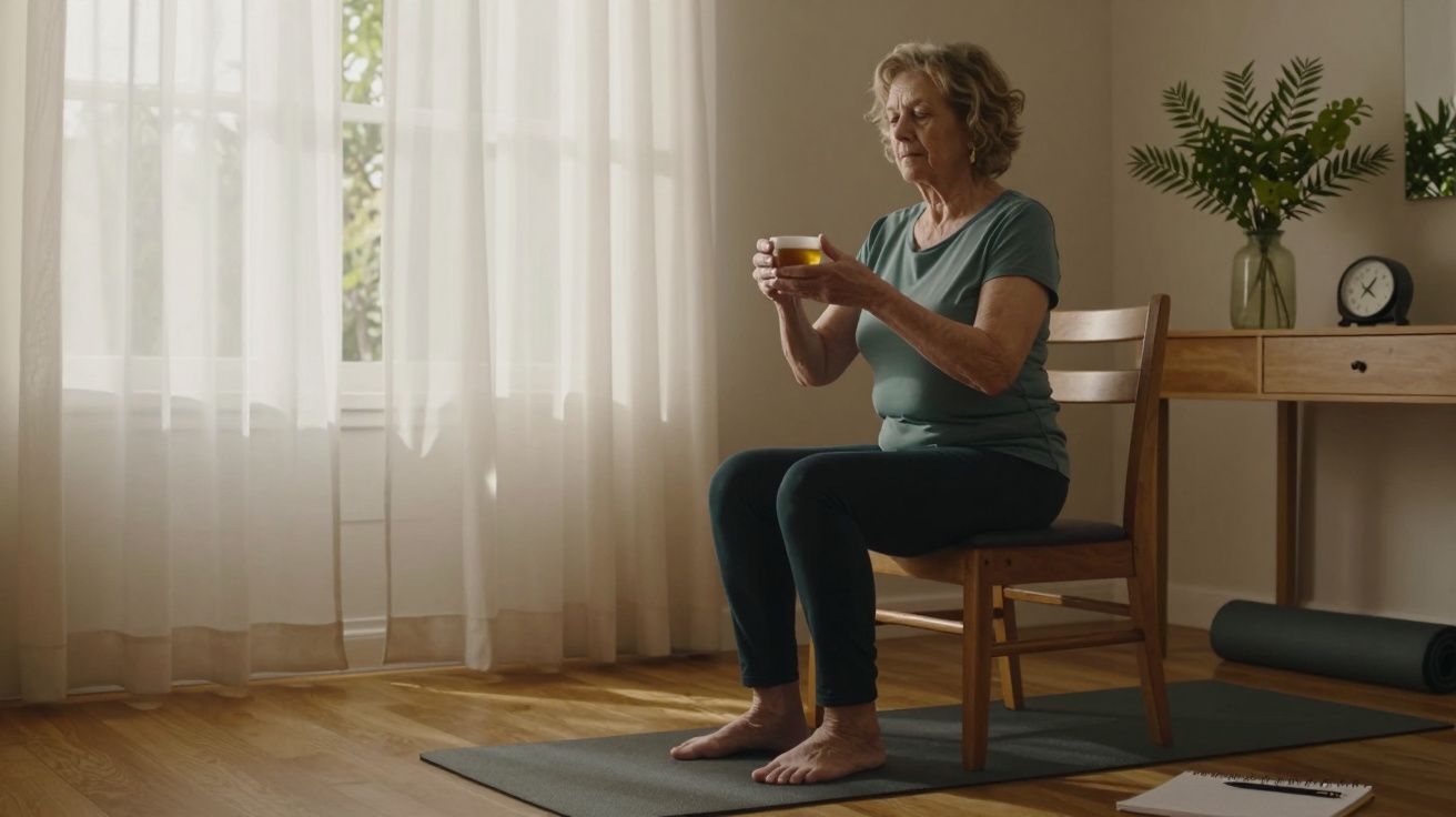 Mulher idosa sentada numa cadeira, segurando uma chávena de chá numa sala iluminada, com plantas e uma mesa ao fundo.
