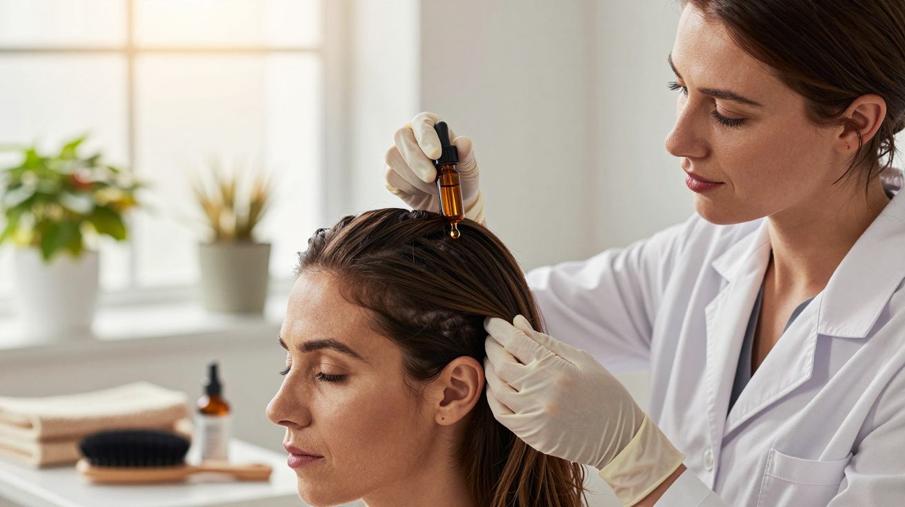 Mulher em bata branca aplica óleo no cabelo de outra mulher, ambas sentadas num salão iluminado.