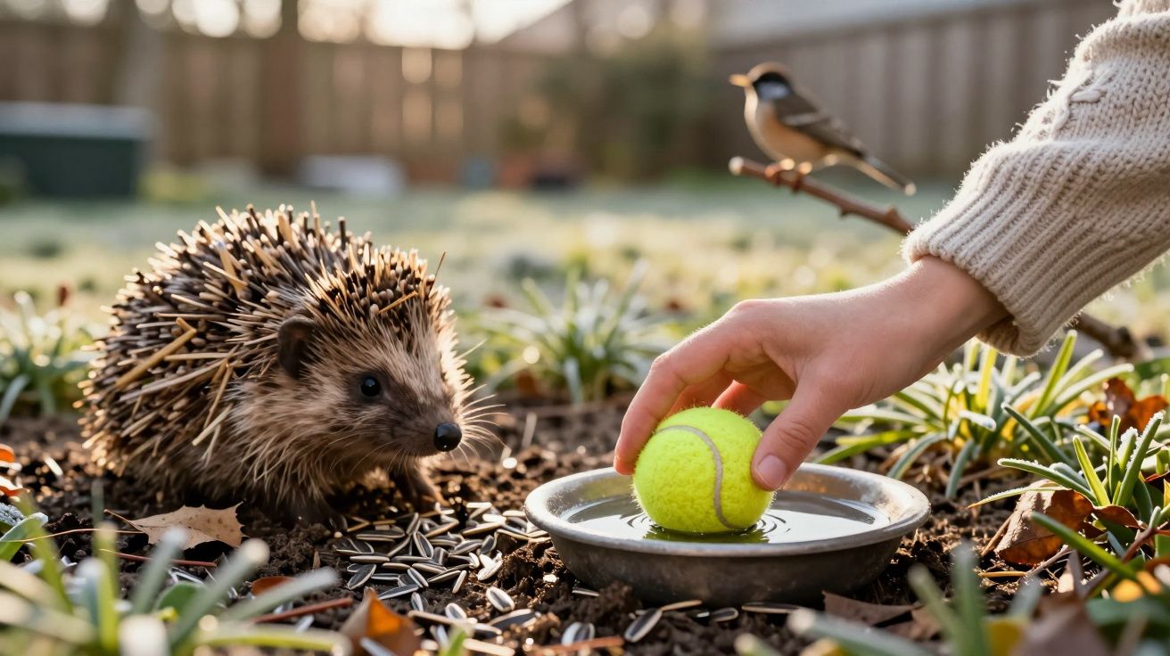 Ouriço observa uma mão colocando uma bola de ténis num prato de água no jardim, com um pássaro em cima de uma estaca.