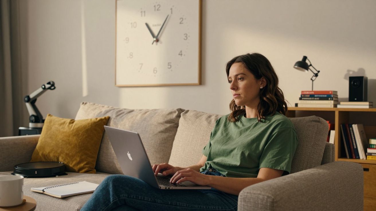 Mulher sentada no sofá a trabalhar num portátil, com livros e um relógio na parede ao fundo.
