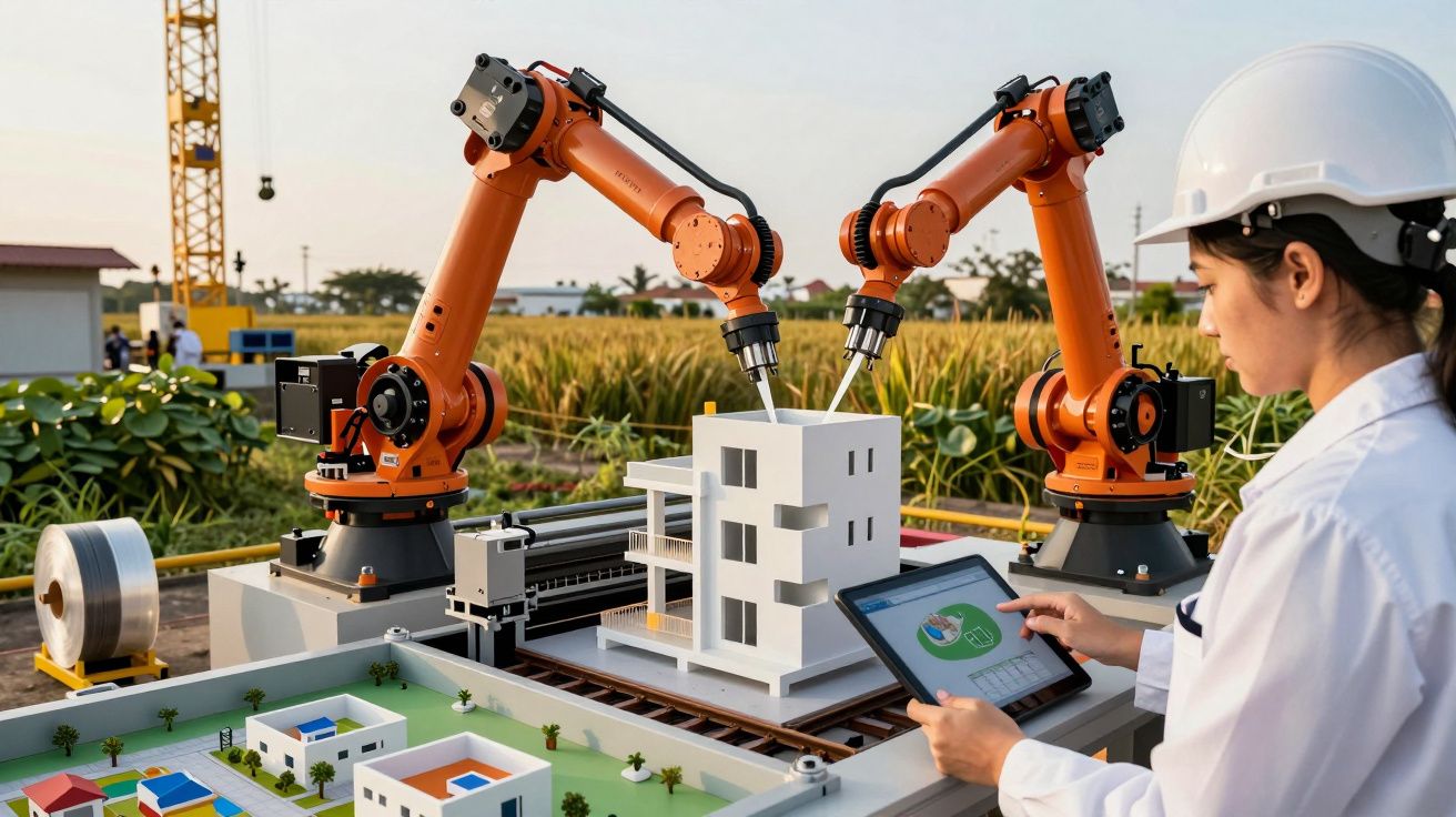 Engenheira observa braços robóticos montarem maquete de prédio com tablet em canteiro de obras ao ar livre.