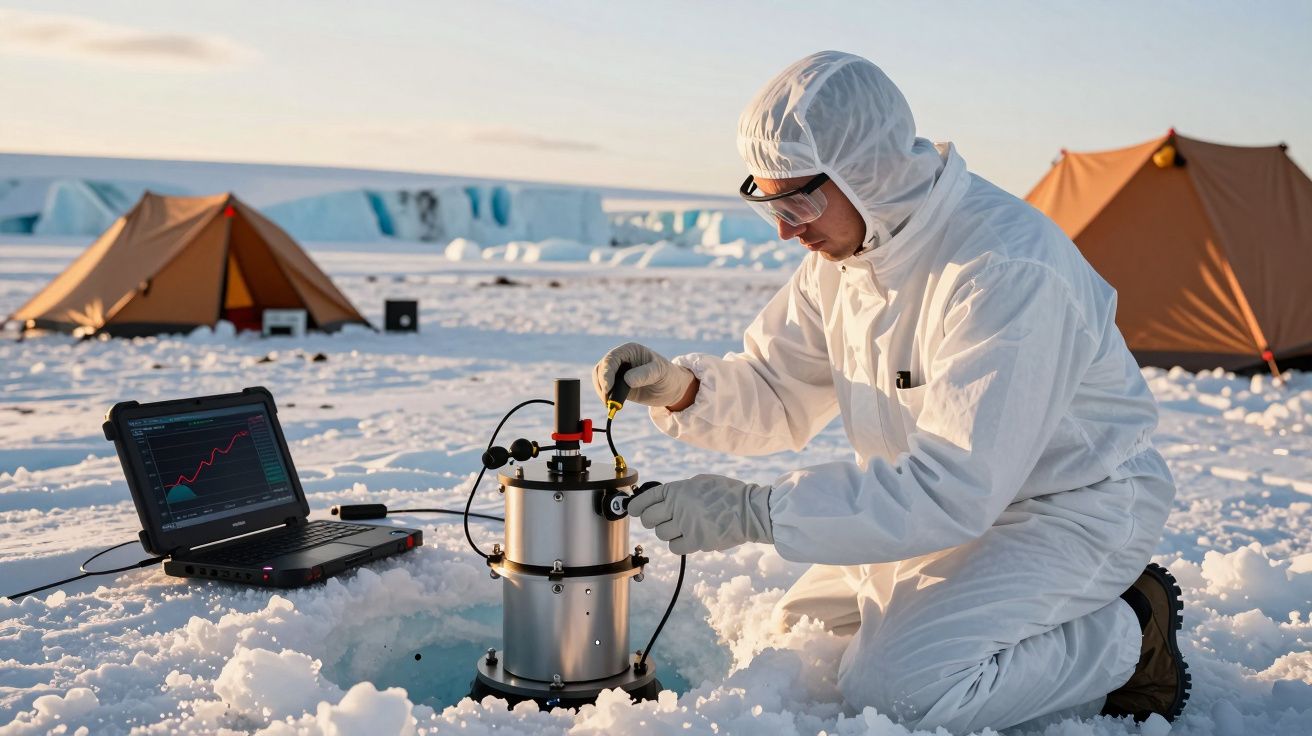 Investigador em fato branco coleta dados em equipamento numa paisagem nevada, com tendas e laptop ao fundo.