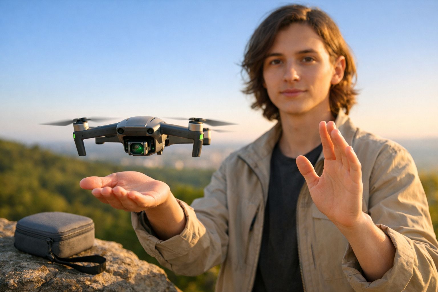 Pessoa com boné interage com drone em parque, segurando telemóvel na mão.
