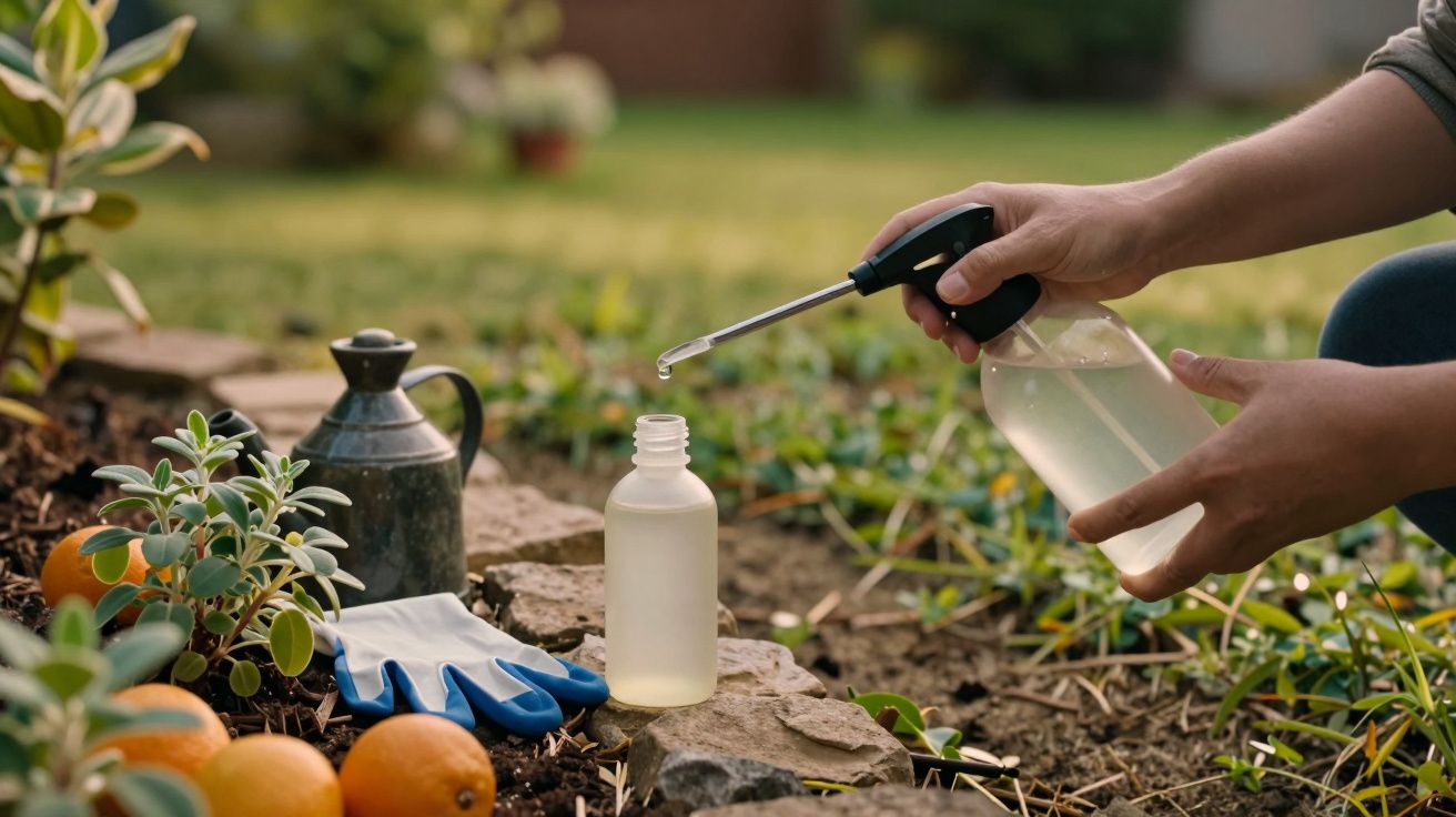 Mãos preparam solução líquida em frasco pequeno sobre solo com plantas, luvas, regador e laranjas ao fundo.