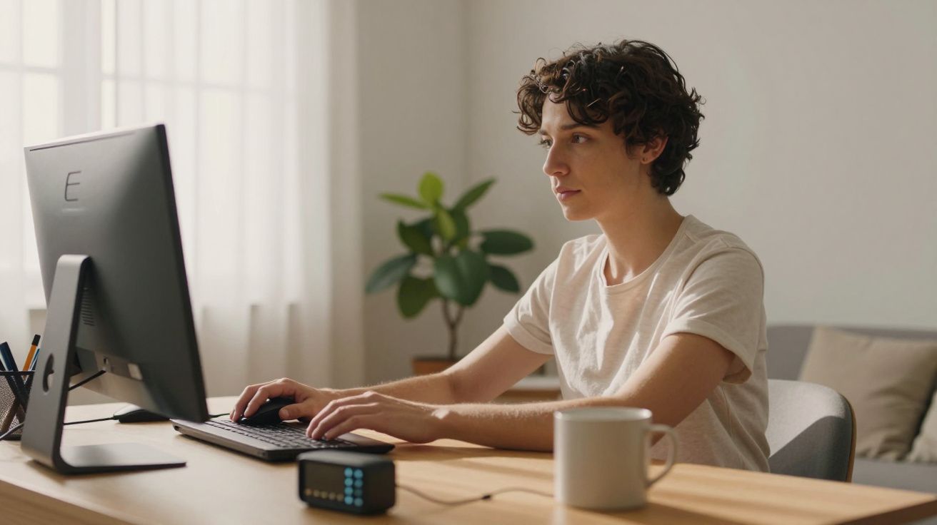 Pessoa a trabalhar num computador de secretária, com uma chávena e uma planta ao fundo numa sala iluminada.