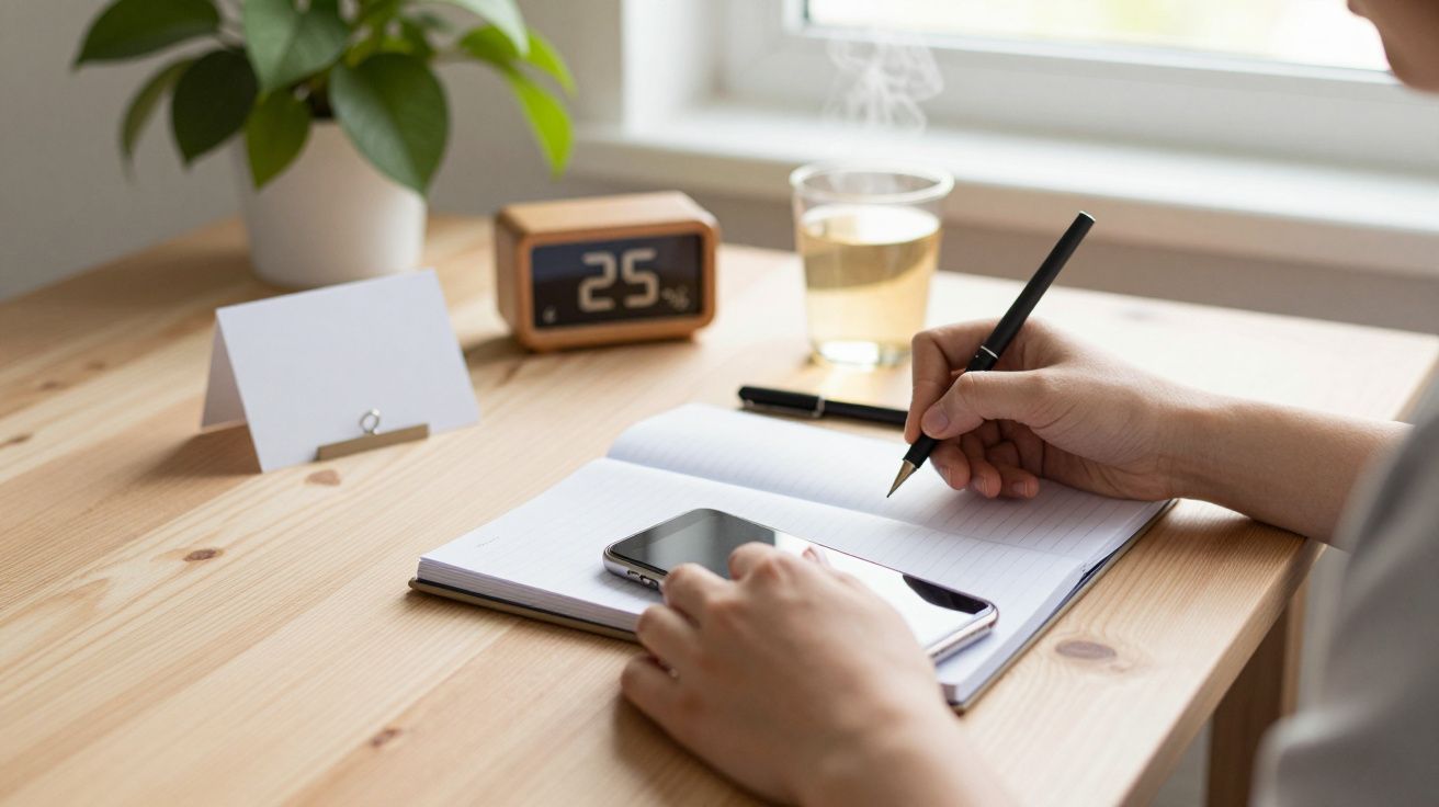 Mão escreve em caderno sobre mesa de madeira com smartphone, copo de água, relógio digital e planta.