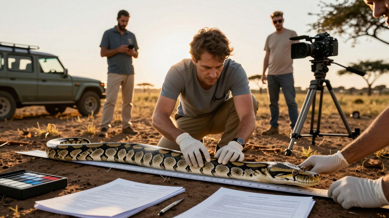 Biólogo a medir uma cobra grande enquanto equipa com câmaras e caderno regista dados num campo ao pôr do sol.
