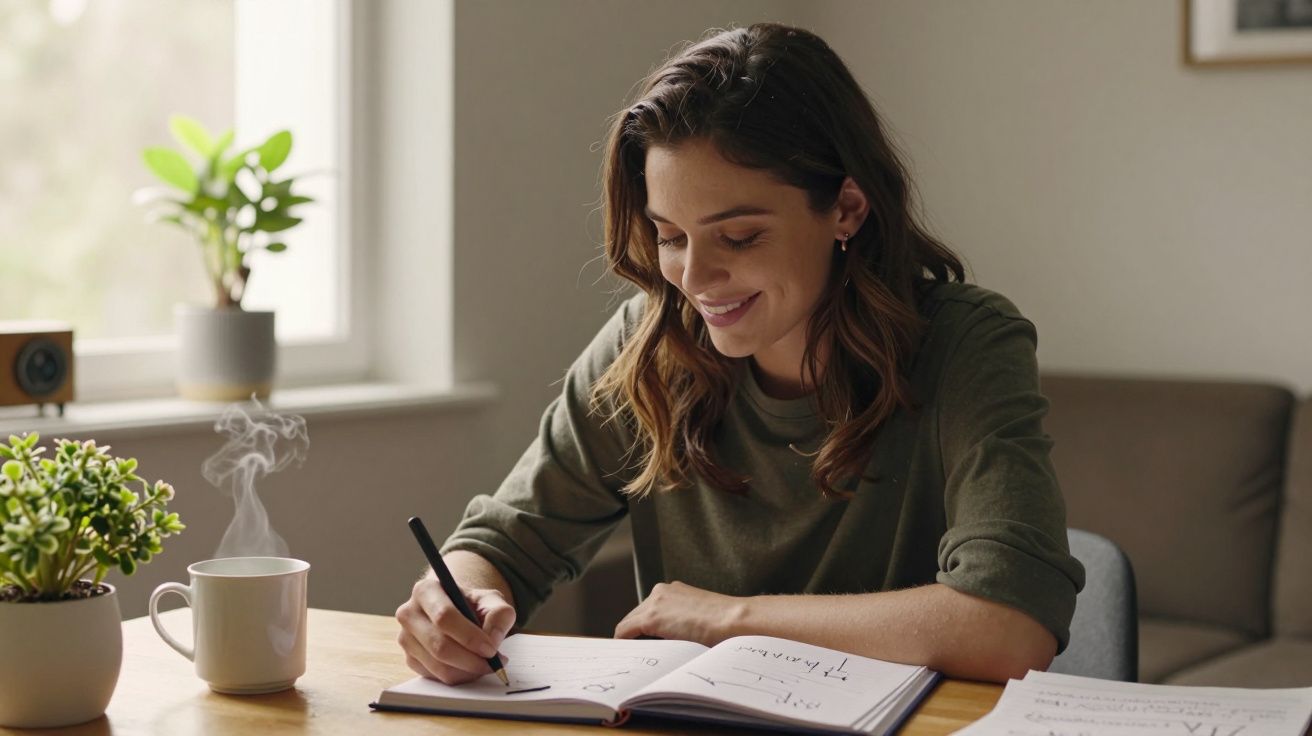 Mulher sorridente a escrever num caderno, com uma chávena de café e uma planta ao fundo sobre a mesa.